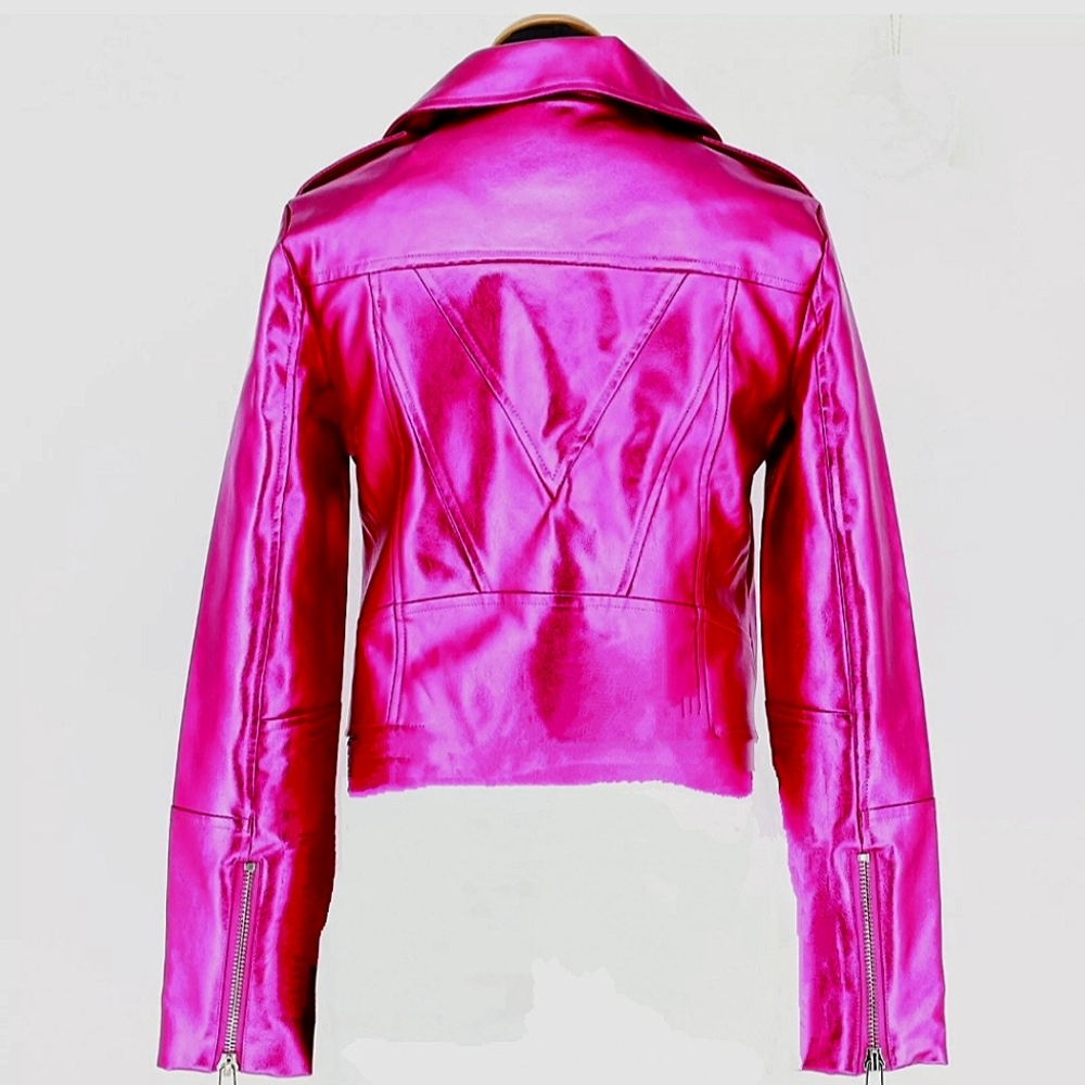 7 For All Mankind NWT Metallic Hot Magenta Pink Moto Jacket - Picture 6 of 12